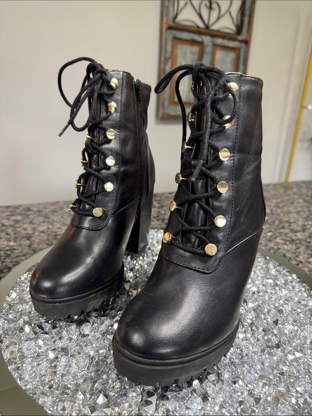 Express Black Lace-Up Platform Ankle Boots with Gold Hardware - Picture 4 of 16